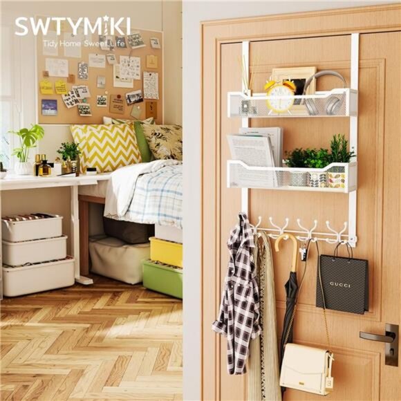 Over The Door Hooks Organizer 16 Hooks 2 Mesh Baskets Towel Coat Clothes Rack - Picture 5 of 8